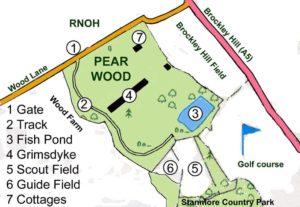 A map of Pear Wood with two fields, a large wooded area and a pond