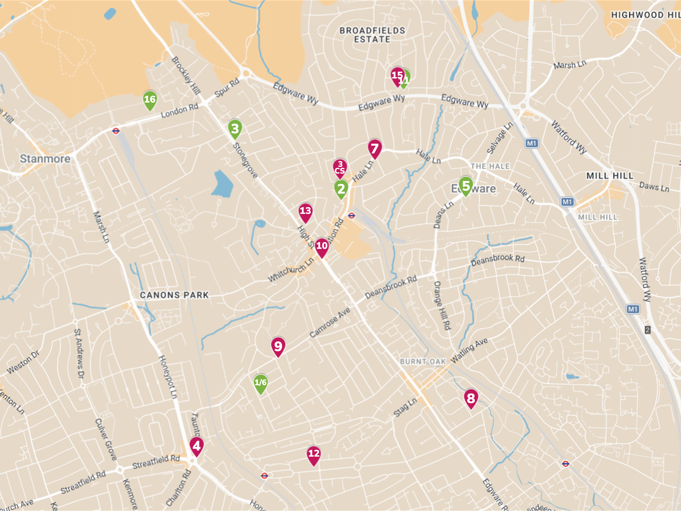 A digital map with pins in the locations of both historic and current Edgware-based Scout Groups